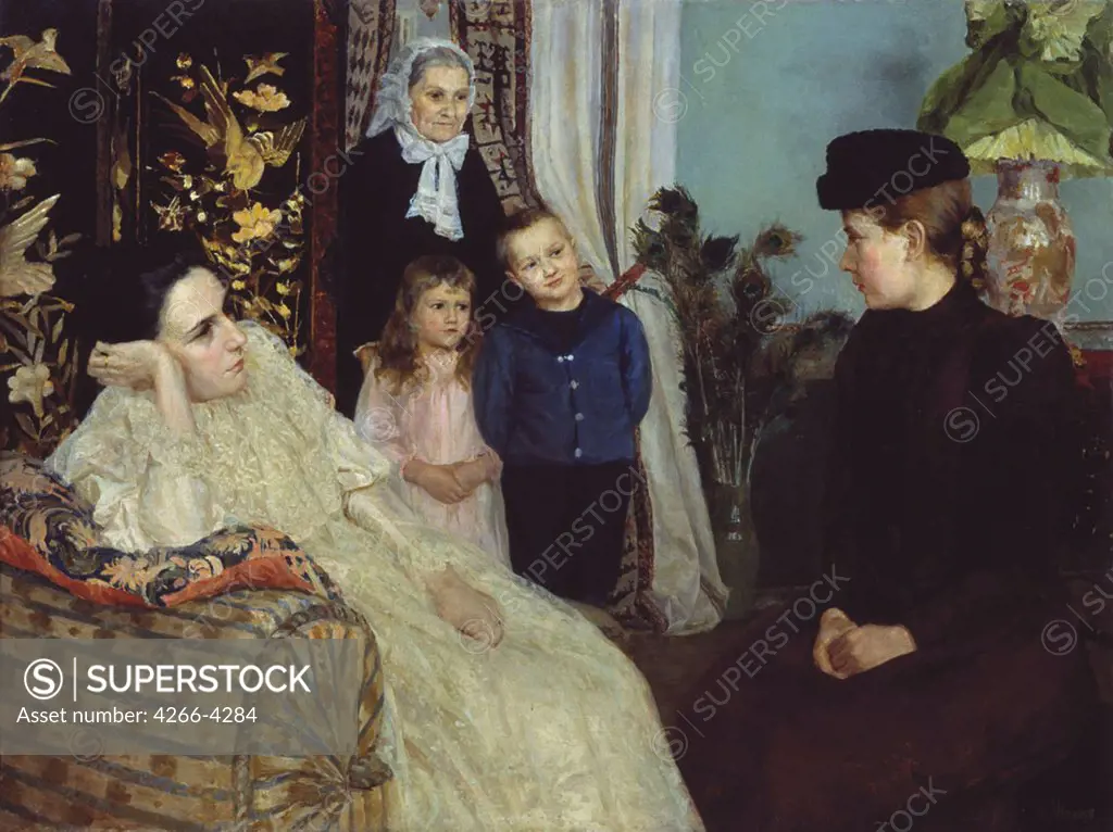 New teacher meeting her pupils by Emilia Yakovlevna Shanks, oil on canvas, 1857-1936, Russia, Tyumen, State Art Museum