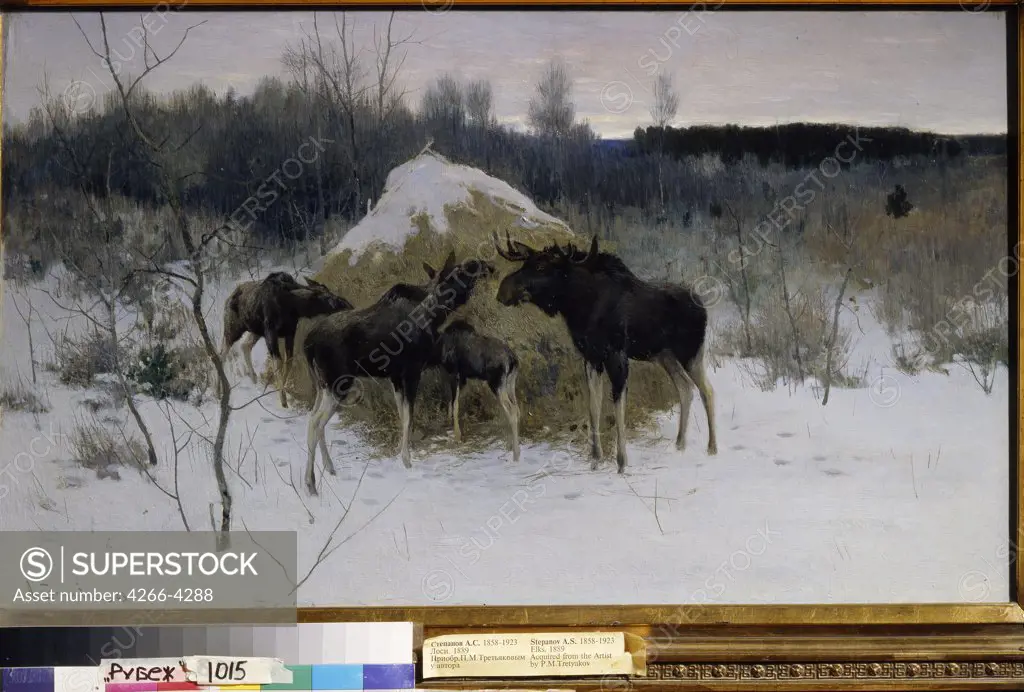 Mooses eating hay by Alexei Stepanovich Stepanov, oil on canvas, 1889, 1858-1923, Russia, Moscow, State Tretyakov Gallery