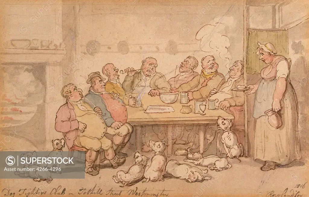 Men sitting at table by Thomas Rowlandson, watercolor on paper, 1816, 1756-1827, Russia, St. Petersburg, State Hermitage, 12, 2x18, 8