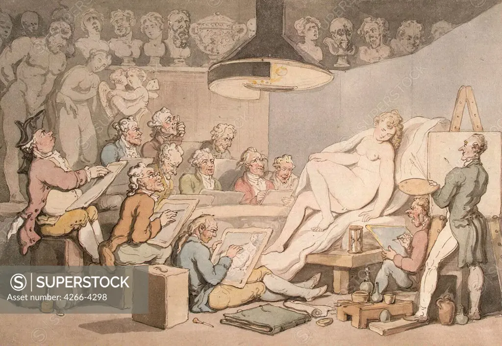 Men painting naked woman by Thomas Rowlandson, watercolor on paper, 1800-1810, 1756-1827, Russia, St. Petersburg, State Hermitage, 20, 3x29, 3