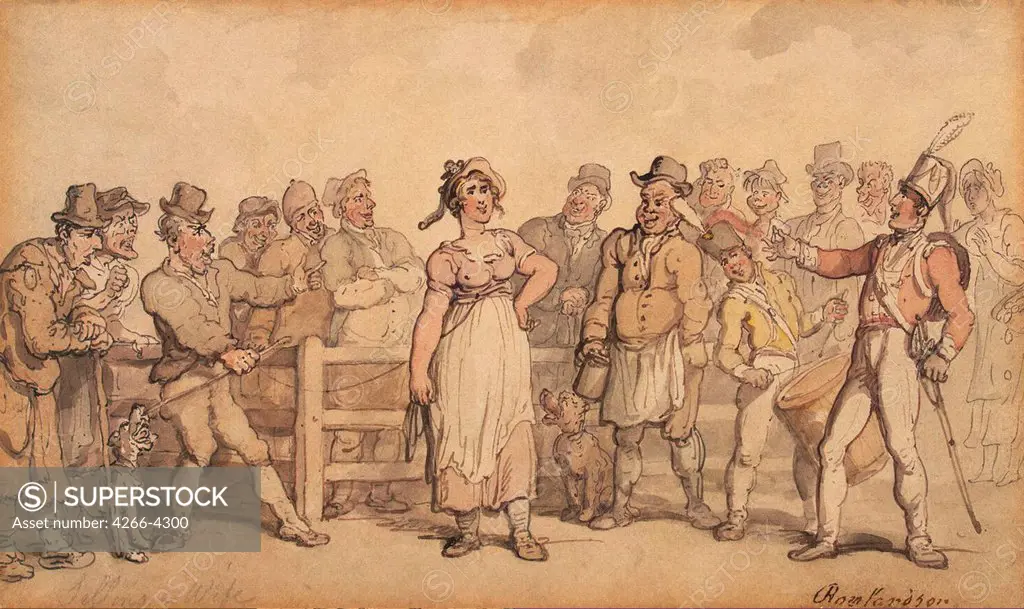 Soldier talking to woman by Thomas Rowlandson, watercolor on paper, circa 1814, 1756-1827, Russia, St. Petersburg, State Hermitage, 12, 2x20, 4
