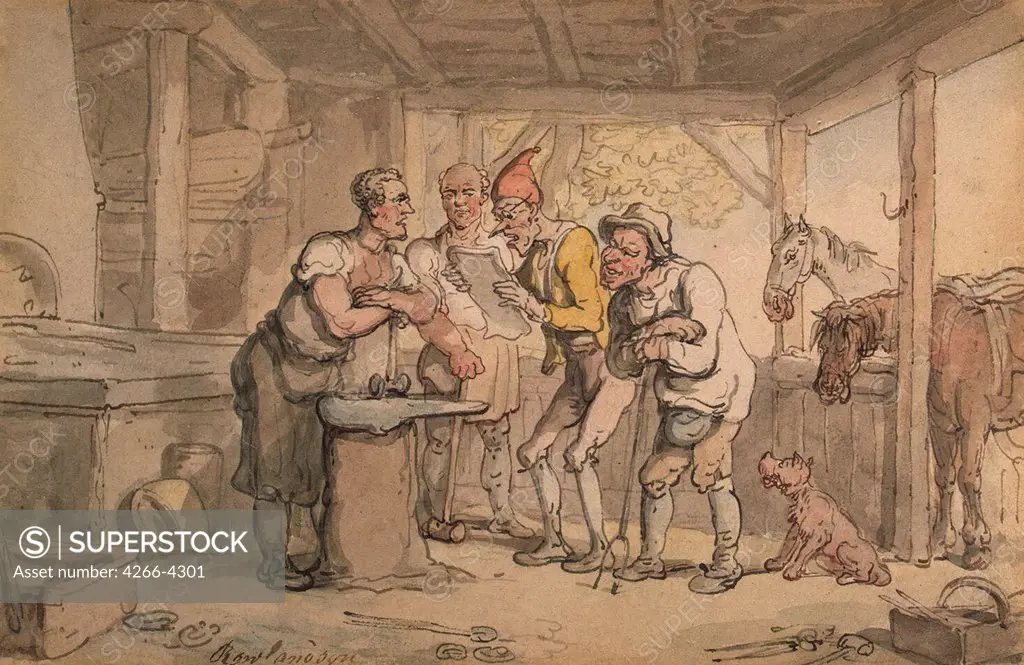 Blacksmith Shop by Thomas Rowlandson, watercolor on paper, 1784, 1756-1827, Russia, St. Petersburg, State Hermitage, 12, 6x19, 5