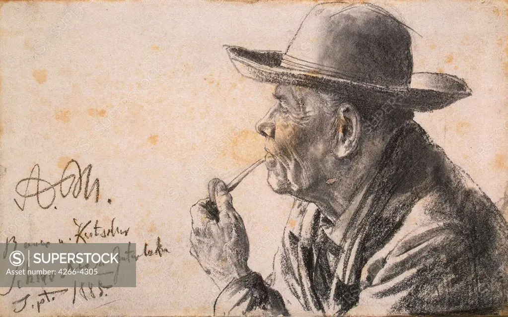 Portrait of man smoking pipe by Adolph Friedrich von Menzel, pencil on paper, 1891, 1815-1905, Russia, St. Petersburg, State Hermitage, 12, 9x21, 1