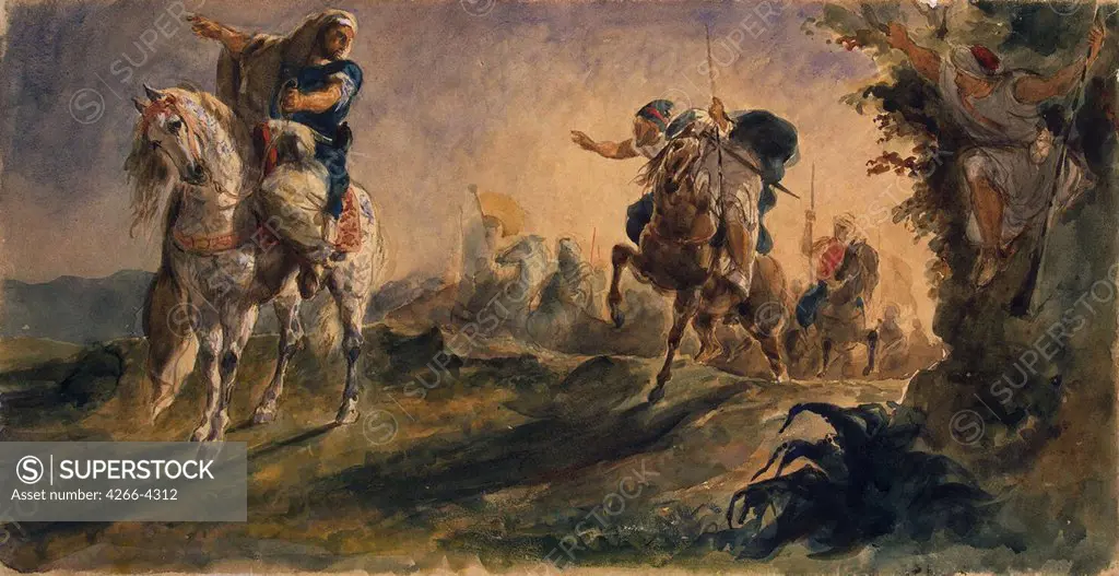 People on horses by Eugene Delacroix, watercolor, gouache on paper, 1862, 1798-1863, Russia, St. Petersburg, State Hermitage, 22, 7x44, 3