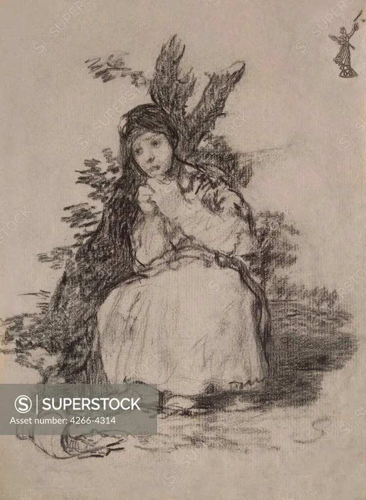Illustration with sad woman by Francisco de Goya, pencil on paper, between 1824 and 1828, 1746-1828, Russia, St. Petersburg, State Hermitage