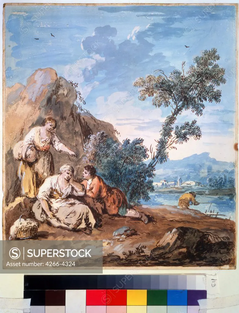 People sitting on riverbank by Giuseppe Zais, watercolor and tempera on paper, circa 1750, 1709-1784, Russia, Moscow, State A. Pushkin Museum of Fine Arts, 29, 5x26, 2