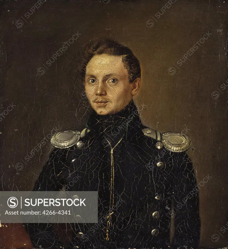 Portrait of russian author Mikhail Lermontov by Grigory Yakovlev, oil on canvas, 1820s, active 1820s, Russia, St. Petersburg, State Hermitage, 28, 5x26, 5