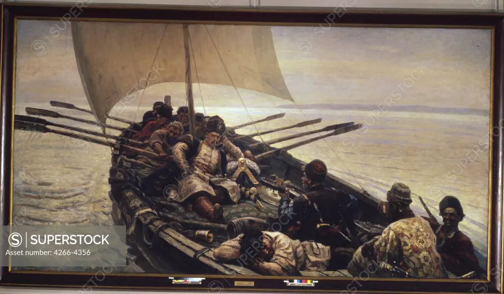 Stepan Razin with his soldiers on boat by Vasili Ivanovich Surikov, oil on canvas, 1910, 1848-1916, Russia, St. Petersburg, State Russian Museum