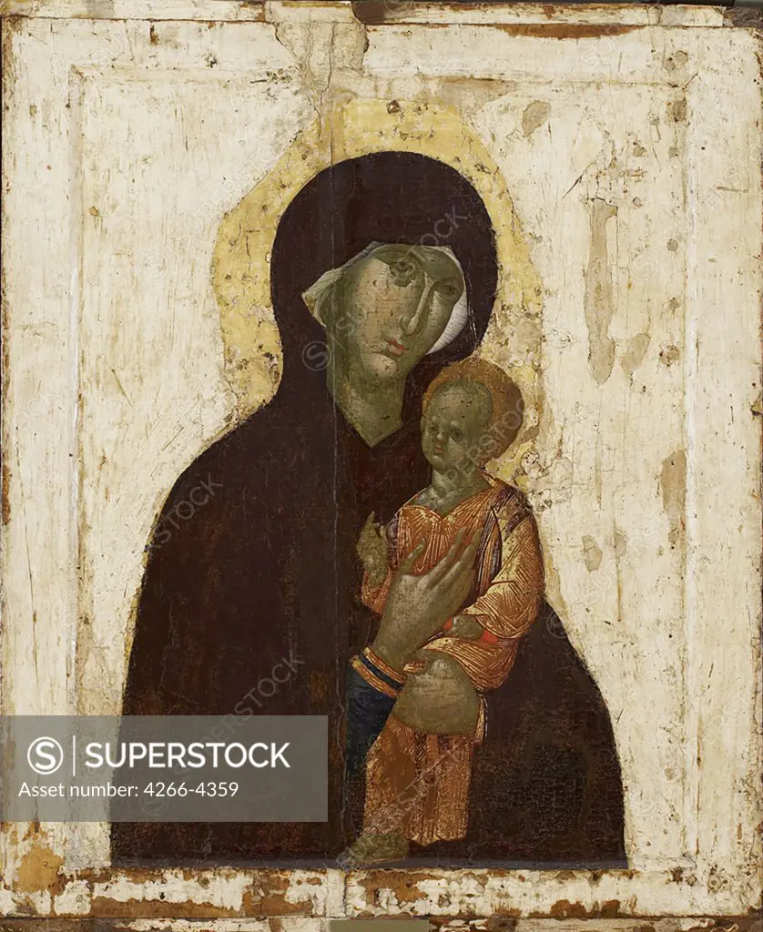 Byzantine icon with Virgin Mary and Jesus christ tempera on panel, 1380s, Russia, Moscow, State Tretyakov Gallery, 76x62