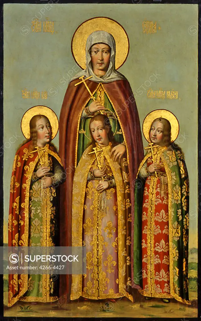 Saint Sophia and her daughters by Karp Zolotaryov, Tempera on panel, 1685, active 1680s, Russia, Moscow, State Armory Chamber in the Kremlin,