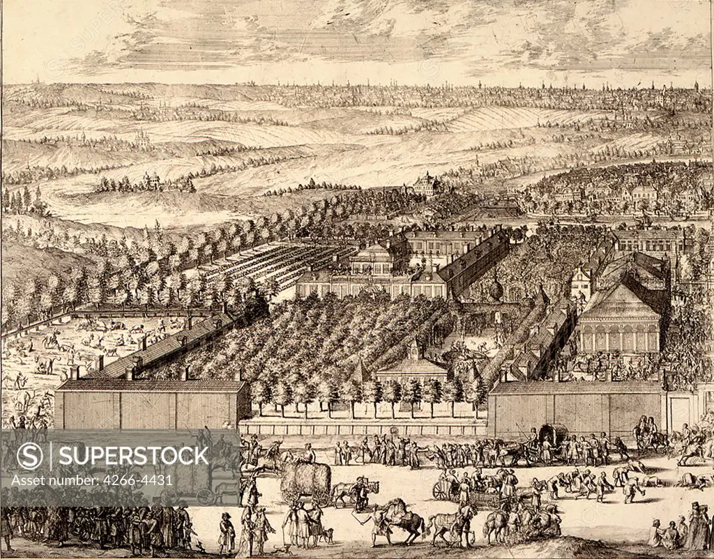 Townscape by Adriaan Schoonebeek (Schoonebeck), Copper engraving, 1705, Baroque, 1661-1705, Russia, Moscow, State History Museum,