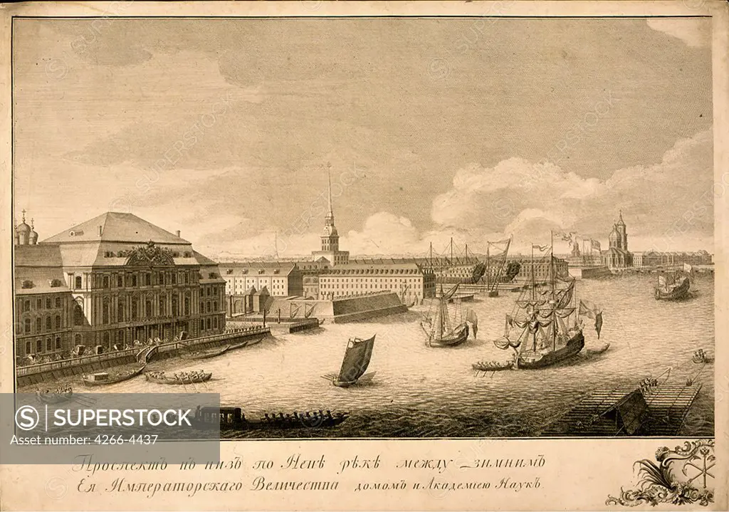 Neva river by Grigory Anikeevich Kachalov, Copper engraving, 1753, 1711-1759, Russia, Moscow, State History Museum,