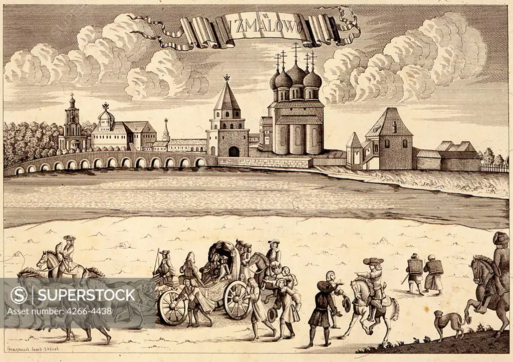 People going towards town by Ivan Fyodorovich Zubov, Copper engraving, 1667-after 1744, Russia, Moscow, State History Museum,