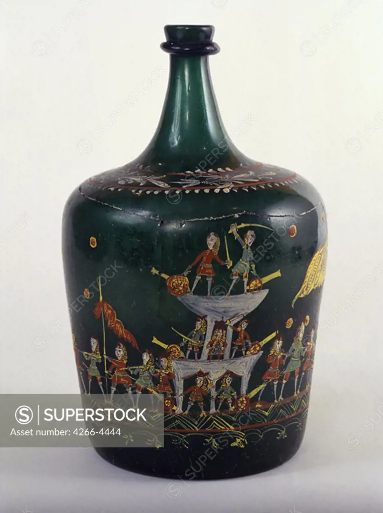 Painted bottle by Russian master, Glass painted, Mid of the 18th century, Russia, Moscow, State History Museum,