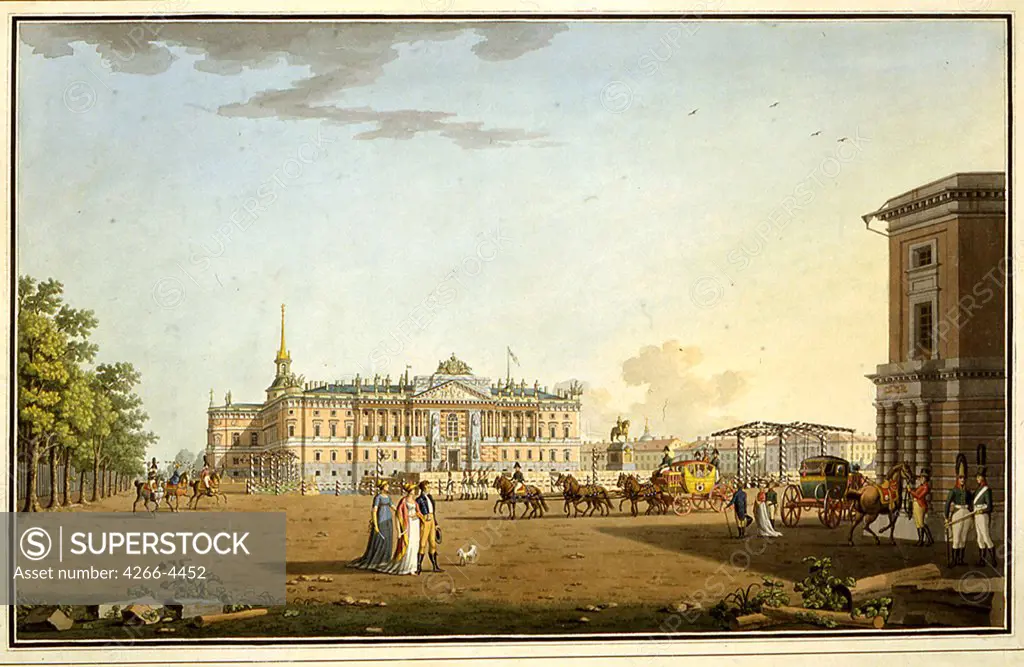 Square in Saint Petersburg by Benjamin Paterssen, Copper engraving, watercolor, 1800, Neoclassicism, 1748-1815, Russia, Moscow, State History Museum, 46, 8x66