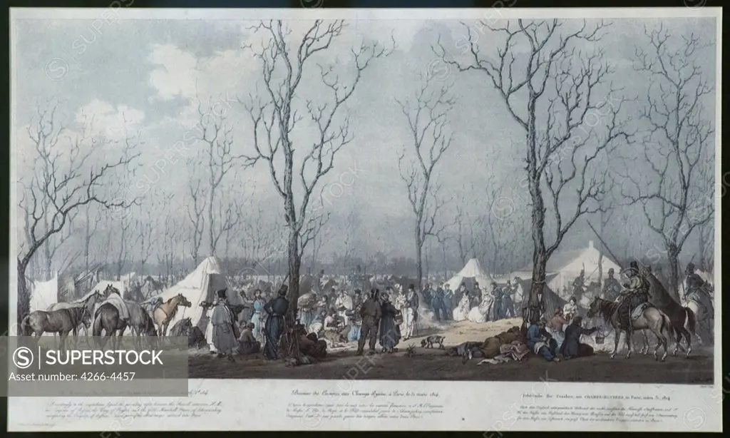 Refugee camp by Alexander Ivanovich Sauerweid, Copper engraving, watercolor, circa 1815, 1783-1844, Russia, Moscow, State History Museum,