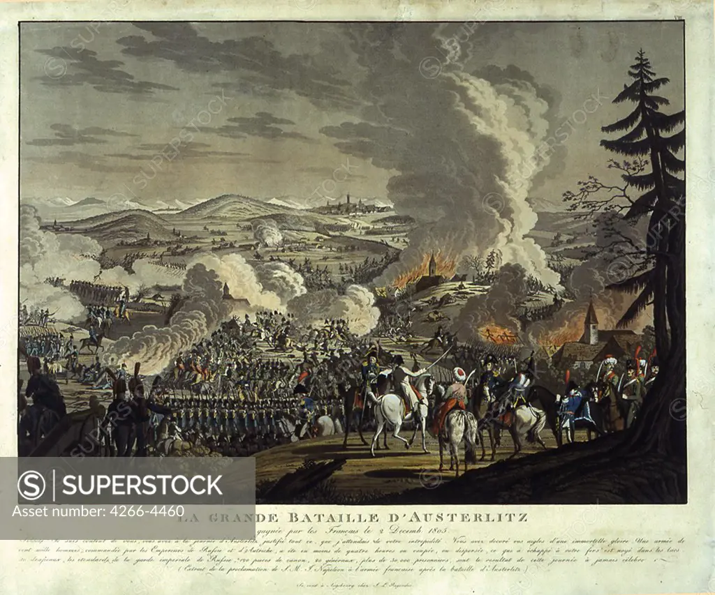 Austerlitz Battle by Lorenz Rugendas, Copper engraving, watercolor, Early 19th century, 1775-1826, Russia, Moscow, State History Museum,