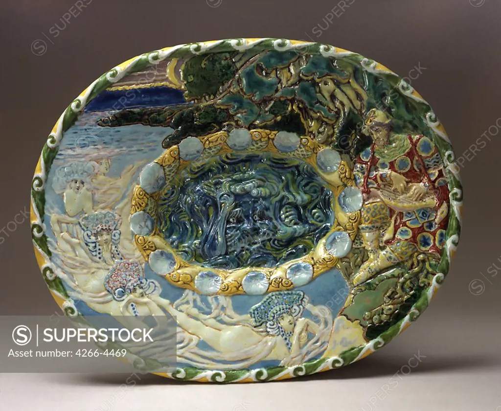 Plate by Mikhail Alexandrovich Vrubel, Majolica, polychrome, 1909, Art Nouveau, 1856-1910, Russia, Moscow, State History Museum,