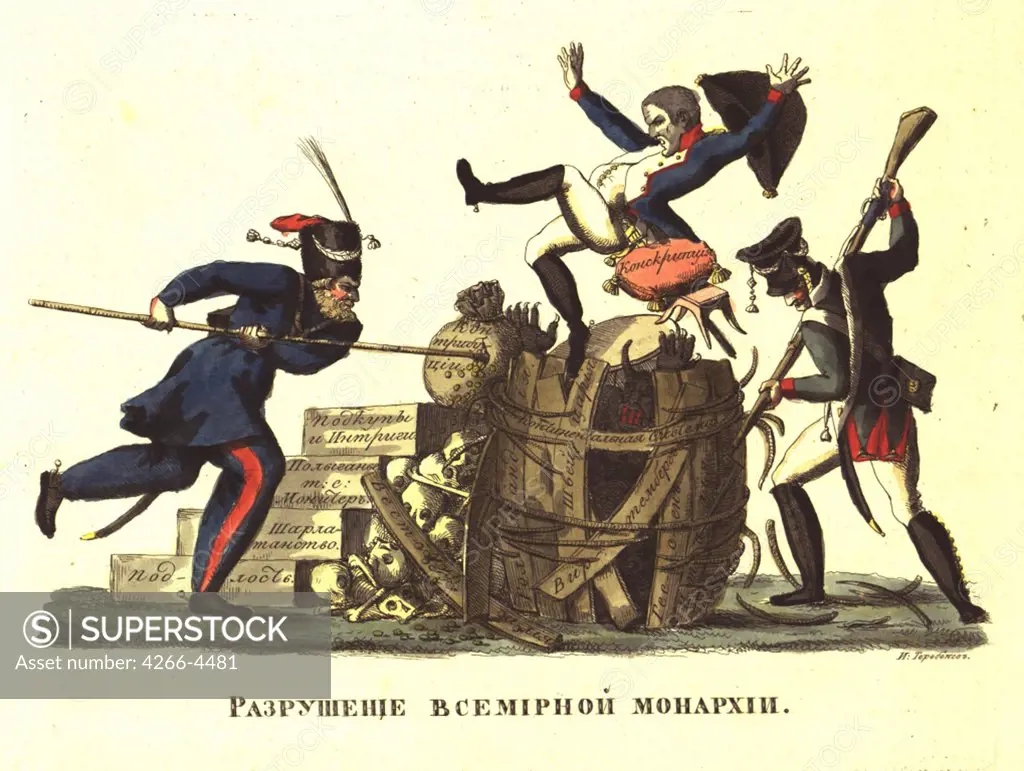 Caricature of Russian Campaign by Ivan Ivanovich Terebenev, Copper engraving, watercolor, 1814, 1780-1815, Russia, Moscow, State History Museum,