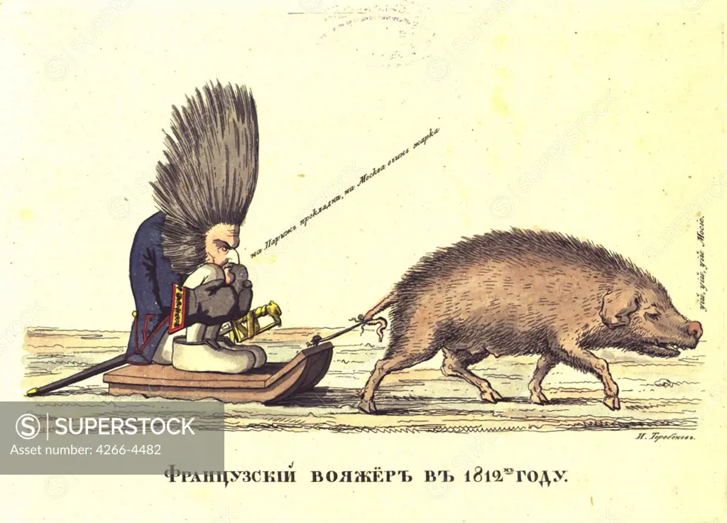 Caricature of Russian Campaign by Ivan Ivanovich Terebenev, Copper engraving, watercolor, 1814, 1780-1815, Russia, Moscow, State History Museum,