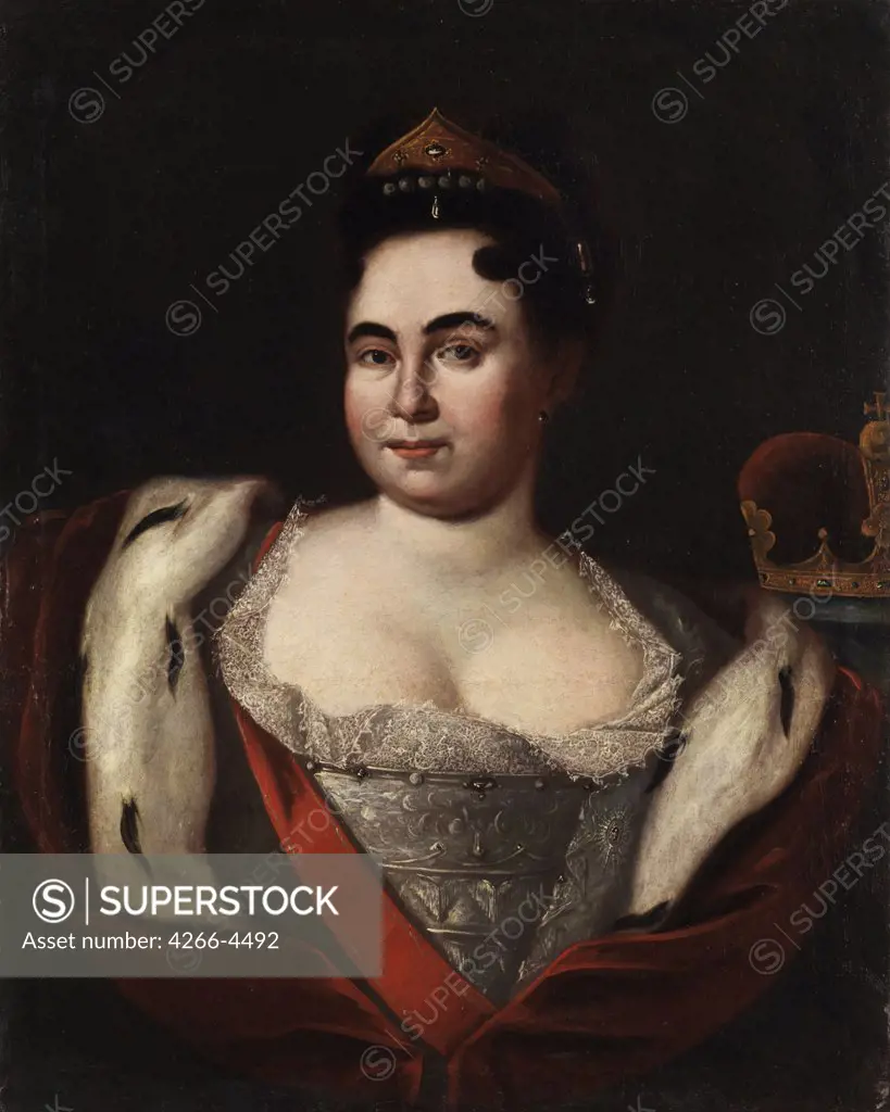 Portrait of Empress Catherine I by Anonymous artist, Oil on canvas, circa 1720, Rococo, Russia, Moscow, State History Museum, 81x65