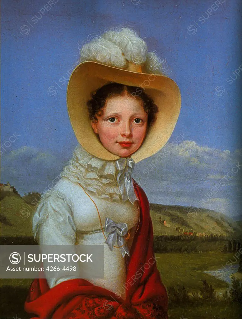 Portrait of young woman in hat by Franz Seraph Stirnbrand, Oil on canvas, 1819, circa 1788-1882, Private Collection