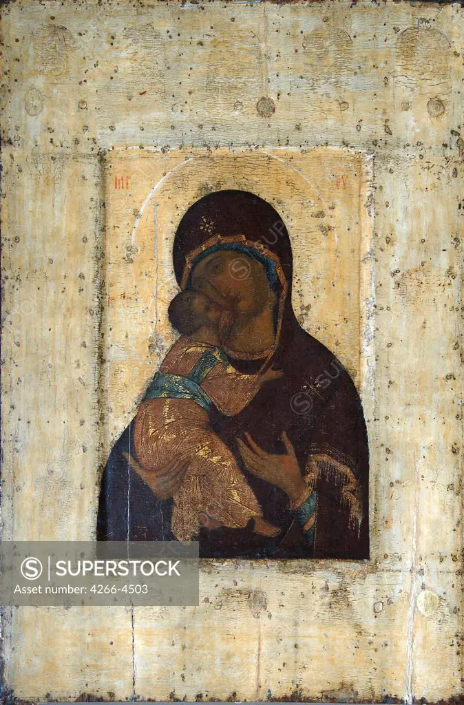 Virgin Mary holding Jesus by Andrei Rublev, Tempera on panel, Russian icon, 1360/70-1430, Russia, Moscow, State A. Rublyov Museum of Ancient Russian Art, 102, 2x69, 6