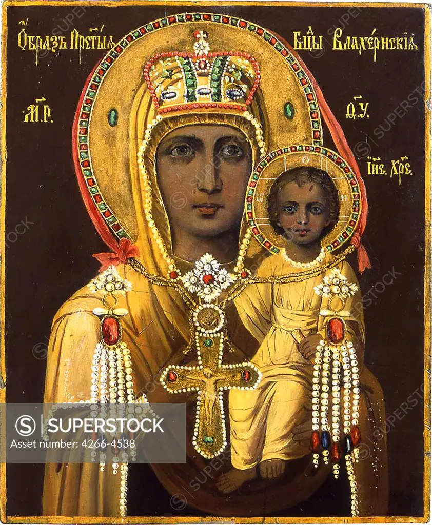Russian icon with Virgin Mary and Jesus Christ as child by anonymous painter, tempera on panel, 19th century, Private Collection