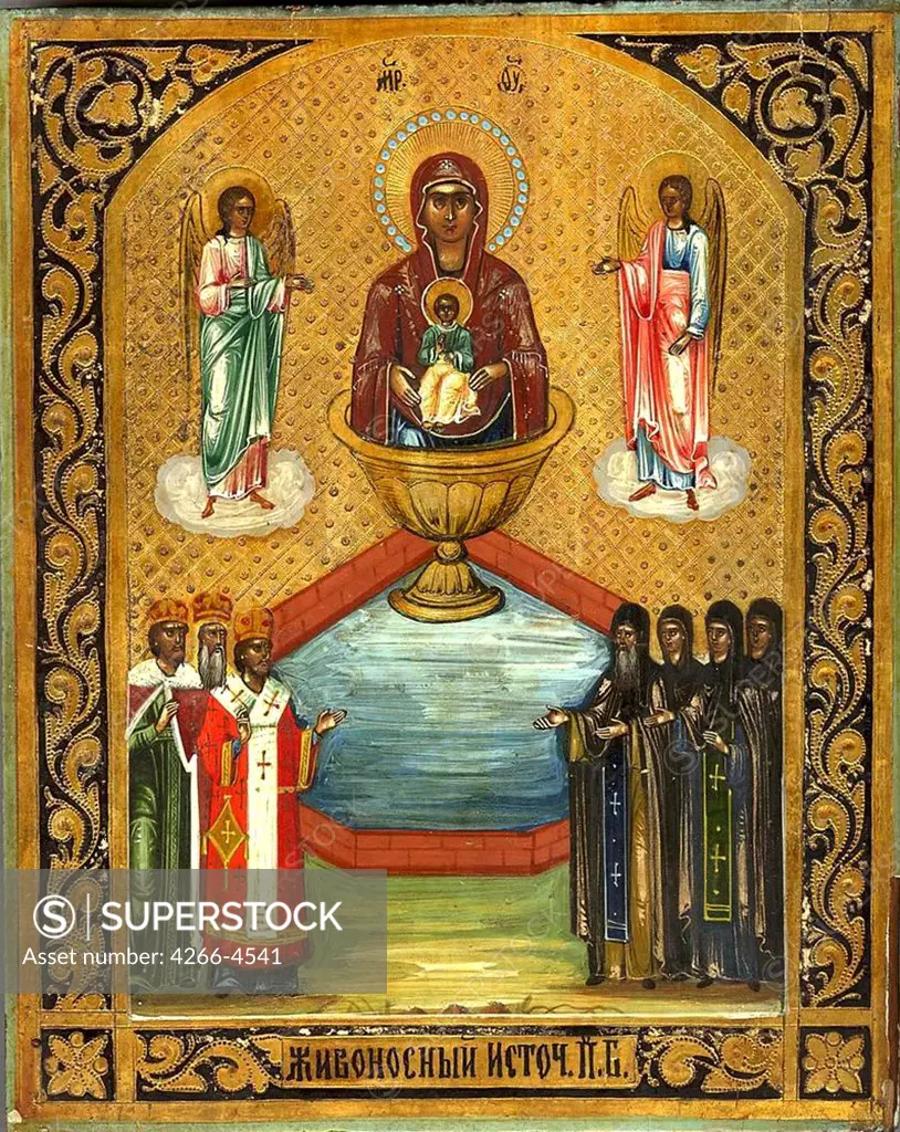 Russian icon with Virgin Mary, Jesus Christ, angels and monks by anonymous painter, tempera on panel, 19th century, Private Collection