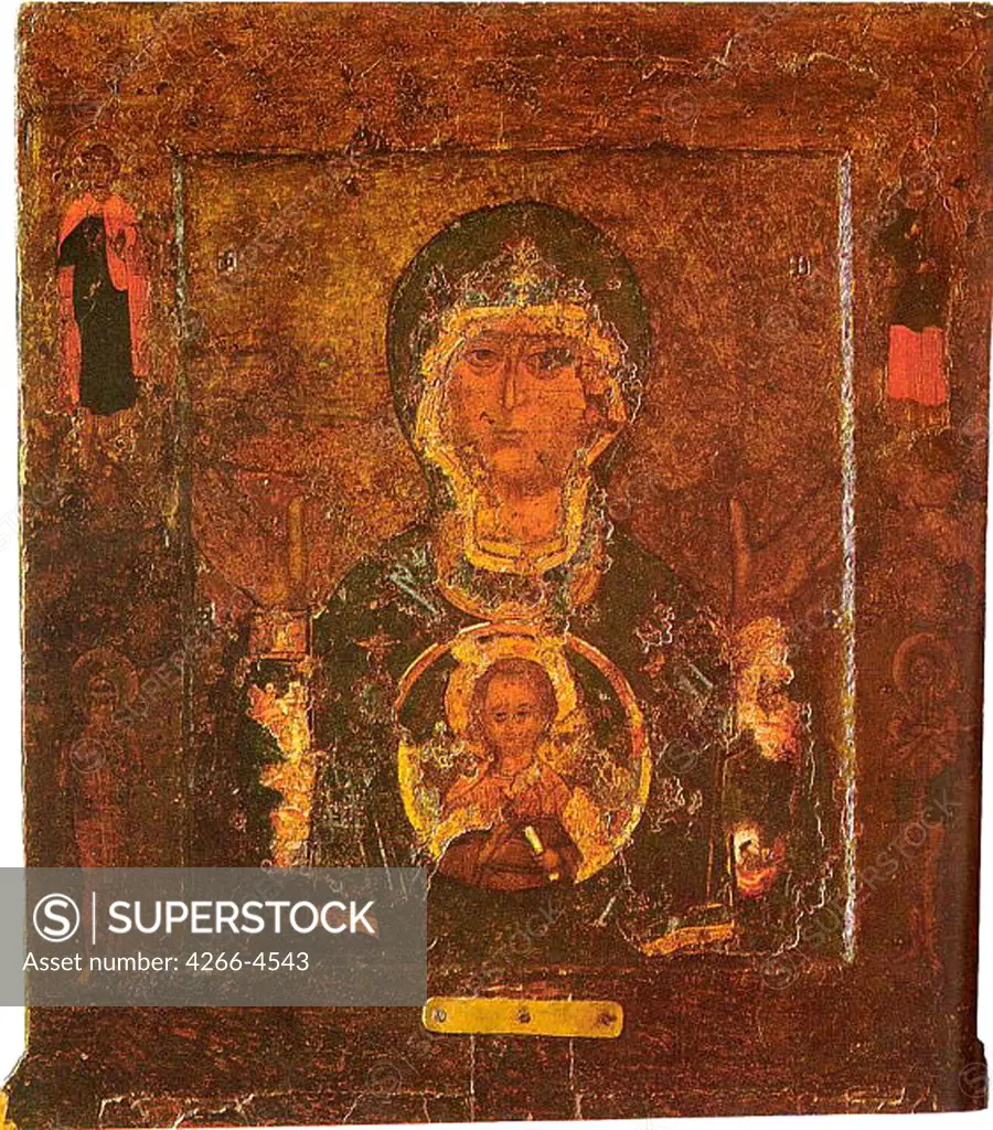 Byzantine icon with Virgin Mary and Jesus Christ as child by anonymous painter, tempera on panel, before 1169, Russia, Novgorod, State Open-air Museum of History and Architecture Novgorodian Kremlin, 59x52, 7