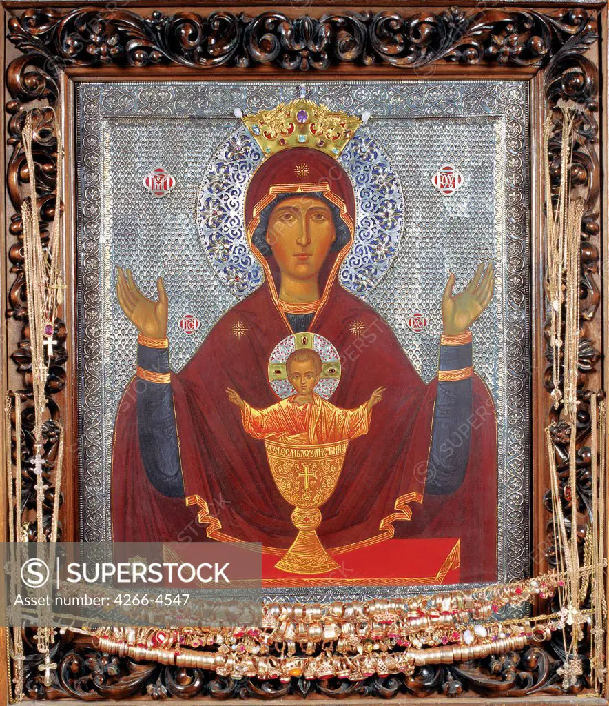 Russian icon with Virgin Mary and Jesus Christ by anonymous painter, tempera on panel, 1878, Russia, Serpukhov, The Vysotsky Monastery