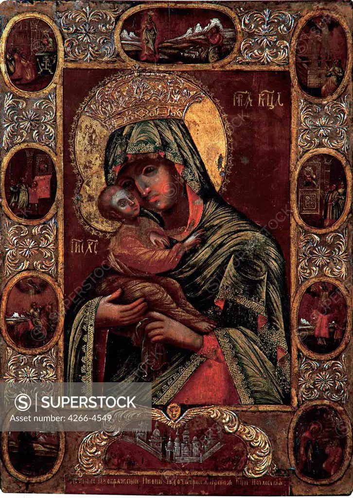 Russian icon Virgin Mary and Jesus Christ by anonymous painter, tempera on panel, 18th century, Russia, State Museum of History, Architecture and Art, Rybinsk, 33x23, 5