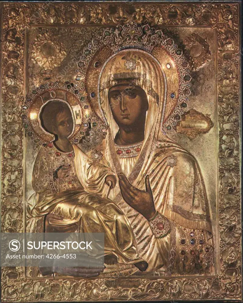 Byzantine icon with Virgin Mary and Jesus Christ by anonymous painter, tempera on panel, 14th century, Athos, The Hilandar Monastery, 94x67
