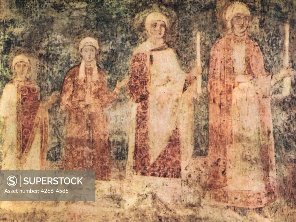 People holding candles by Anonymous painter, Fresco, 11th century, Ukraine, Kiev, Saint Sophia Cathedral
