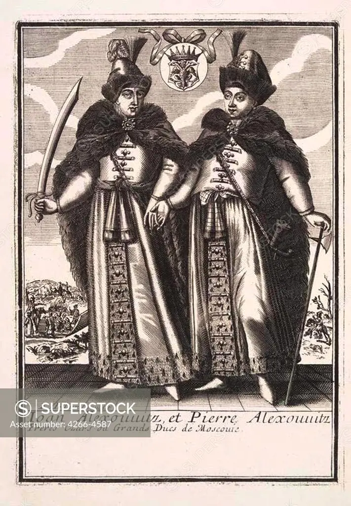 Illustration of Peter the Great and Ivan V by Anonymous painter, copper engraving, 1690s, Russia, Moscow, State History Museum