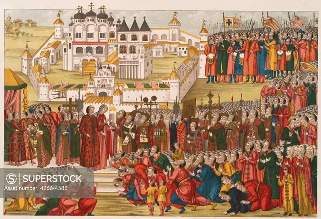 Tsar Michail I in front of church by Artamon Sergeevich Matveyev, woodcut, watercolor, 1670s, 1625-1682, Russia, Moscow, State History Museum