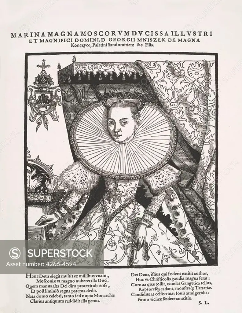 Portrait of polish aristocrat woman by Franz Sniadecki, woodcut, 1606, 17th century, Moscow, State History Museum