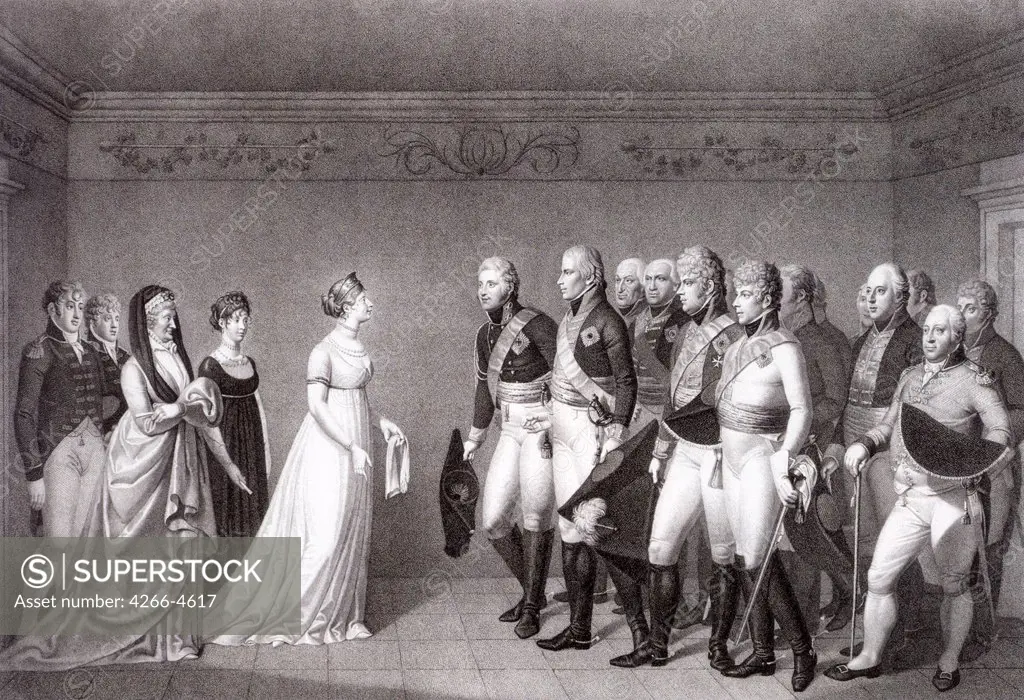 Alexander I and Frederick William III with company by Johann Friedrich Bolt, Copper engraving, 1805, 1769-1836, Russia, St. Petersburg, State Hermitage,