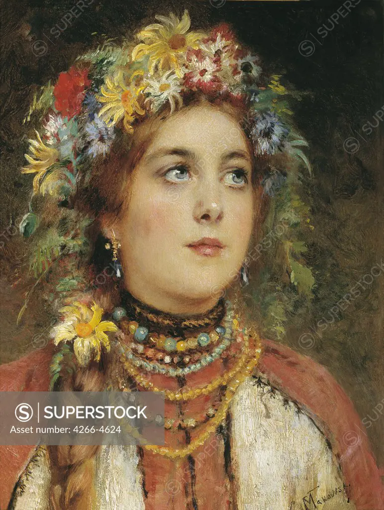Girl in traditional costume by Konstantin Yegorovich Makovsky, Oil on cardboard, 19th century, 1839-1915) Private Collection