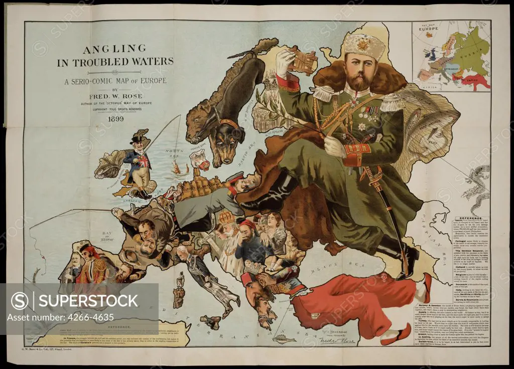 Map of Europe by Fred W. Rose, Colour lithograph, 1899, Satire, active End of 19th century, Private Collection, 49, 5x70