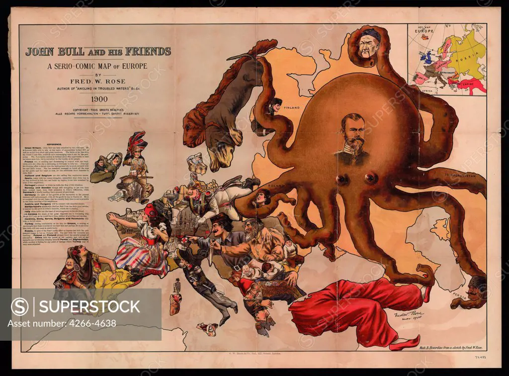 Map of Europe by Fred W. Rose Colour lithograph, 1900, Satire, active End of 19th century, Private Collection, 49, 5x70