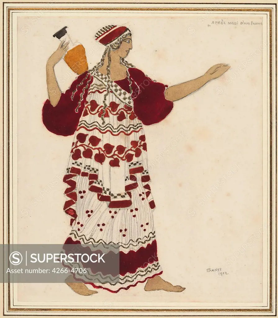Woman carrying bottle by Leon Bakst, Pencil, watercolour, gold on paper, 1912, 1866-1924, Private Collection, 48, 2x44
