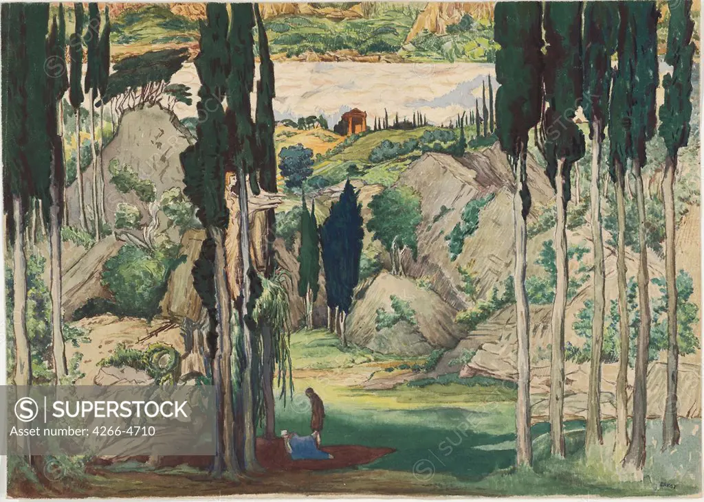 Outdoor scene by Leon Bakst, Watercolour on paper, 1912, 1866-1924, Private Collection, 19x26, 7