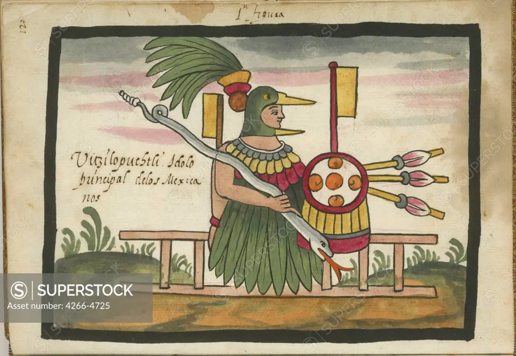 Fire god by Anonymous artist, Watercolor on parchment, 1586, Usa, Rhode Island, John Carter Brown Library,