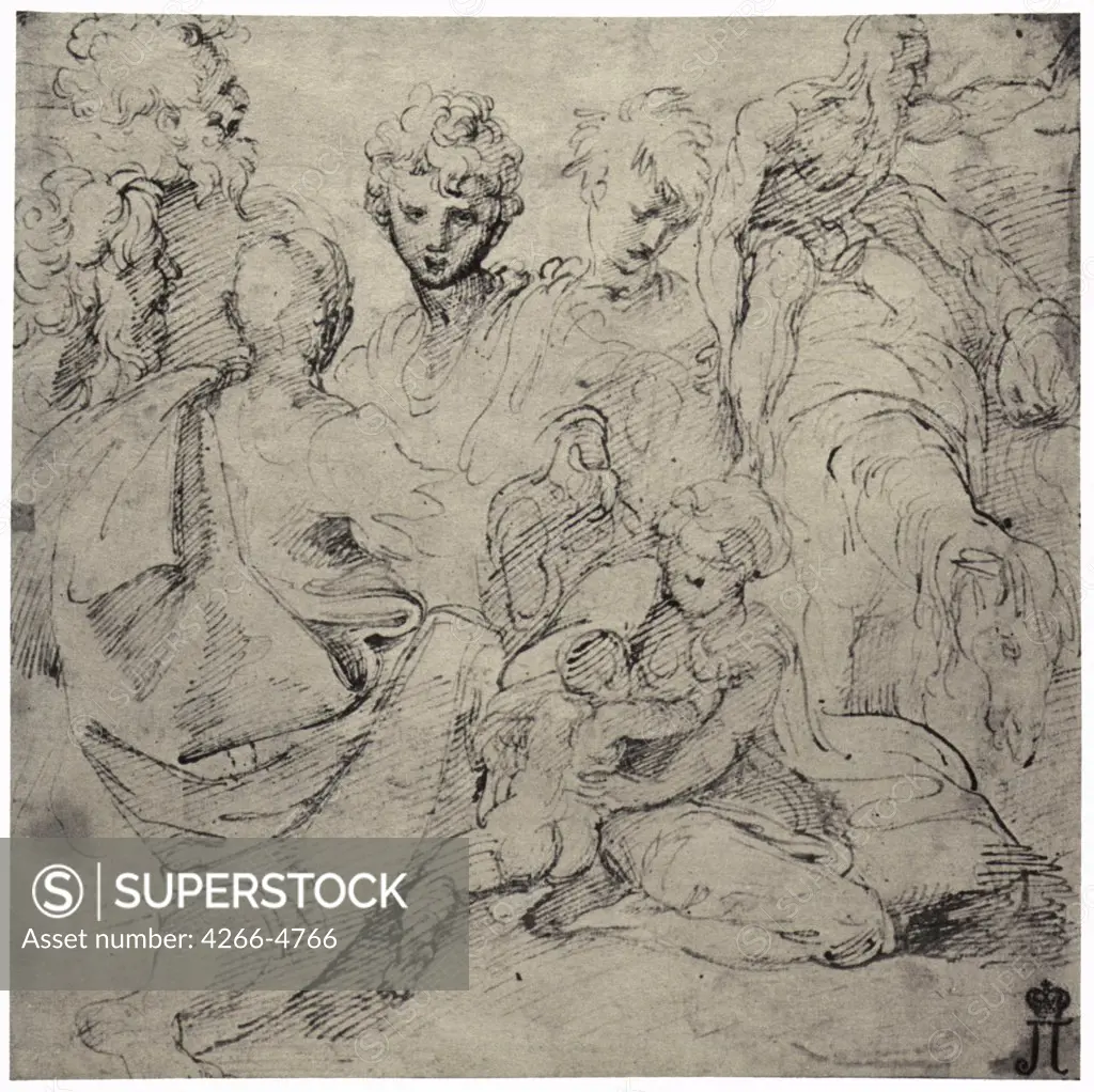 Sketch of group pf people by Parmigianino, Pen, ink, pencil on paper, before 1527, 1503-1540, Russia, St. Petersburg, State Hermitage, 20, 5x21, 5
