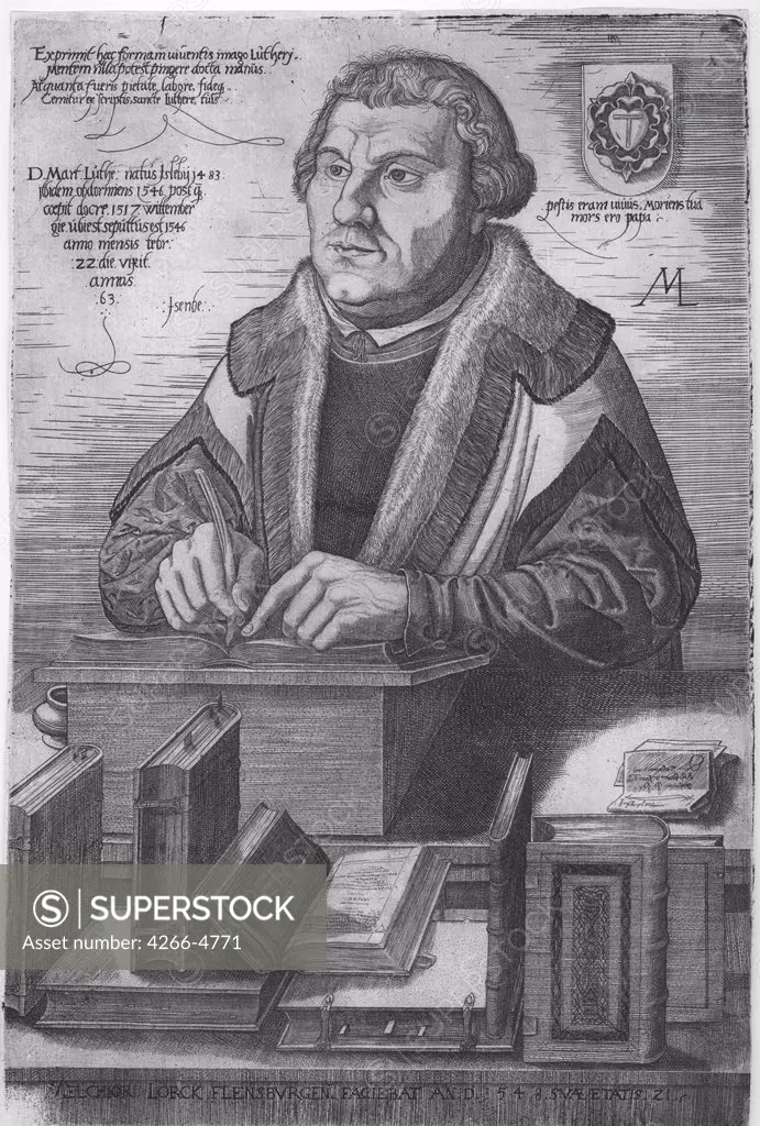 Portrait of Martin Luther by Melchior Lorch, Copper engraving, 1548, 1527-1588, Private Collection 25, 7x17, 2