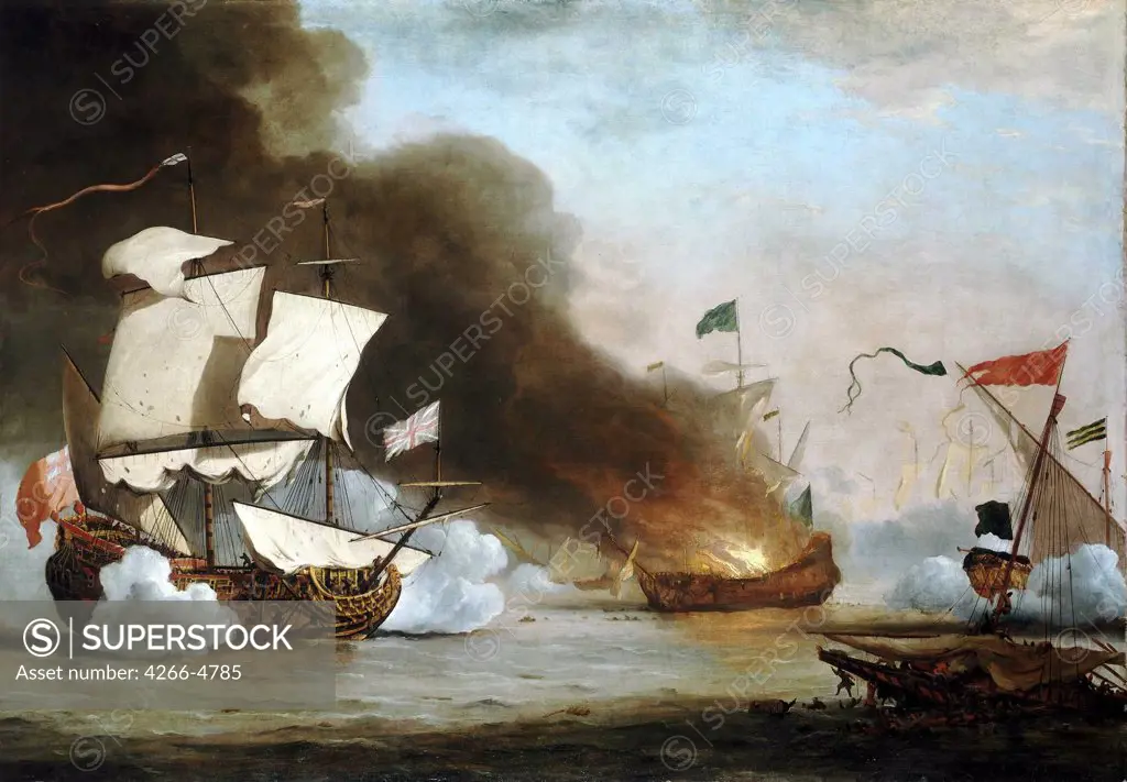 Ship on fire by Willem van de Velde the Younger, oil on canvas, circa 1680, 1633-1707, Great Britain, Greenwich, National Maritime Museum