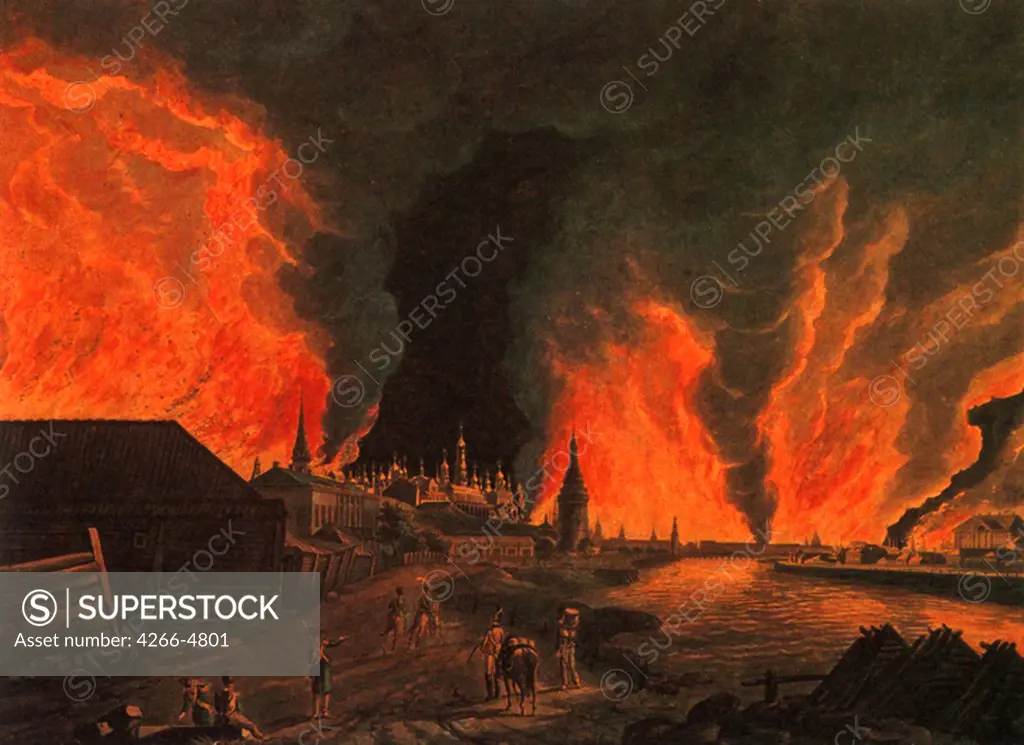 Moscou on fire during napoleonic war by Johann Heinrich Schmidt, etching, watercolor, 1813, 1749-1829, Russia, Moscow, State Museum of A.S. Pushkin, 34, 5x48, 5