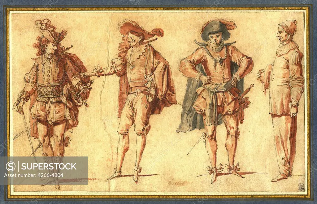 Stage costumes from italian theatre by Claude Gillot, pen, brush, grey and brown color, watercolor on paper, 1673-1722, Private Collection, 11, 7x19
