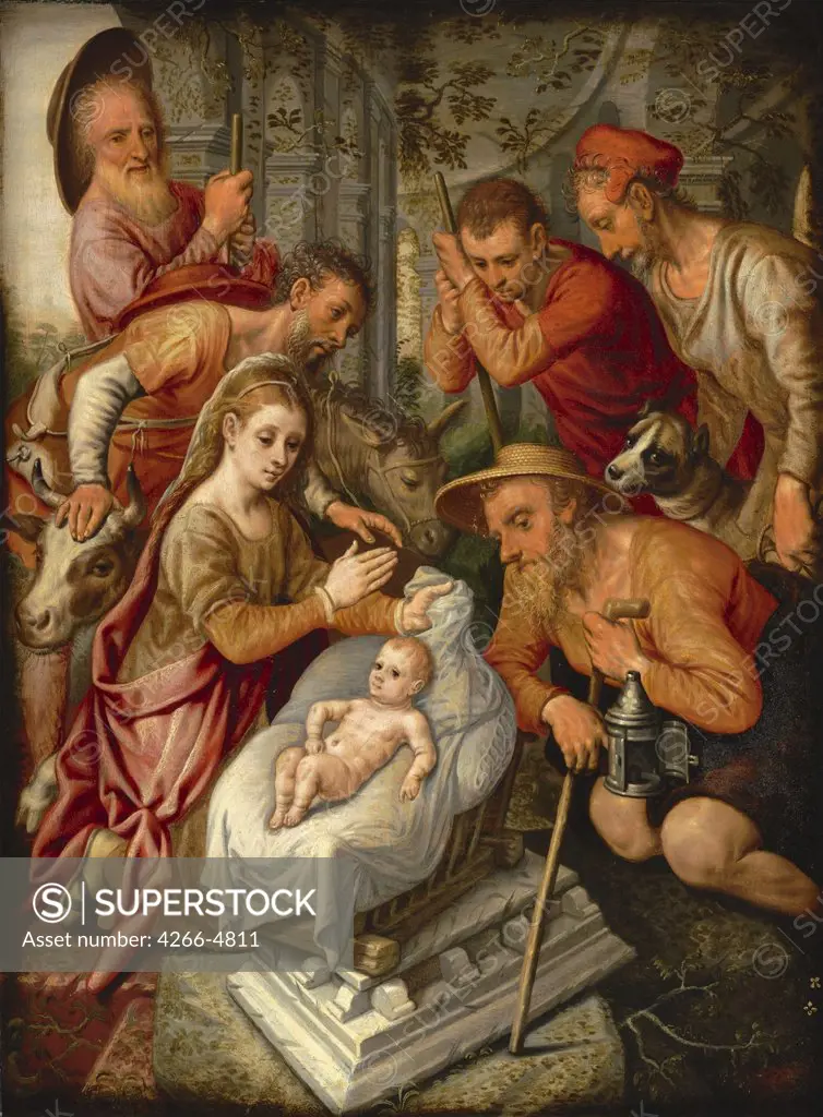 Adoration of Christ Child by Pieter Pietersz the Elder, oil on wood, circa 1565, 1540-1603, Private Collection, 70x52